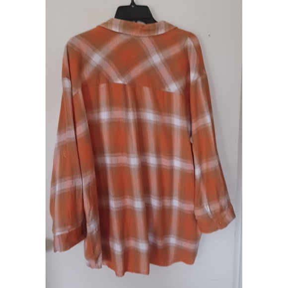 TAXI Orange Plaid Button Henley Top Women's 3X 100% Cotton Roll Tab Sleeve Flowy - Picture 3 of 6